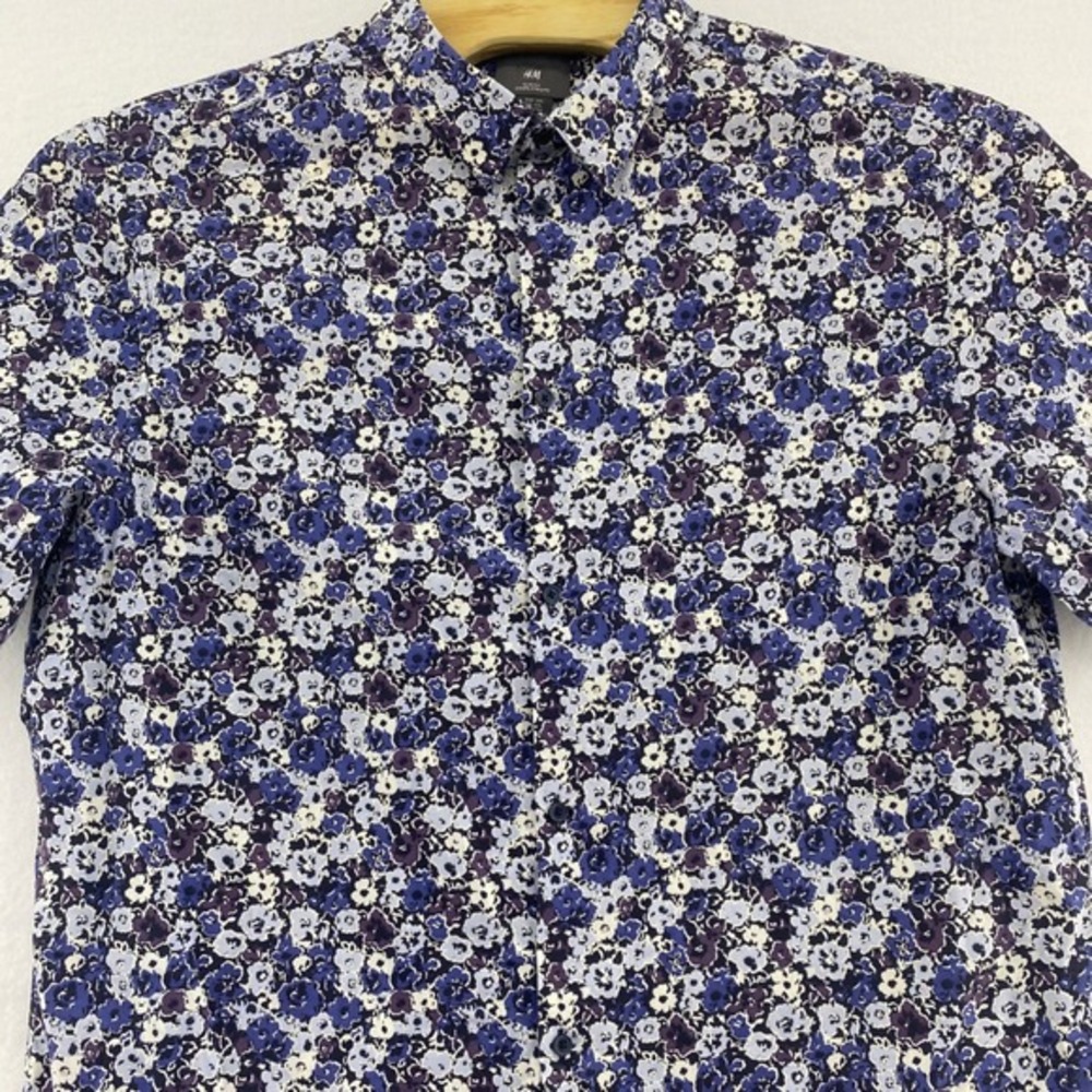 H&M Floral Print Shirt Short Sleeve Button Up Casual XXL Blue‎ Slim Fit